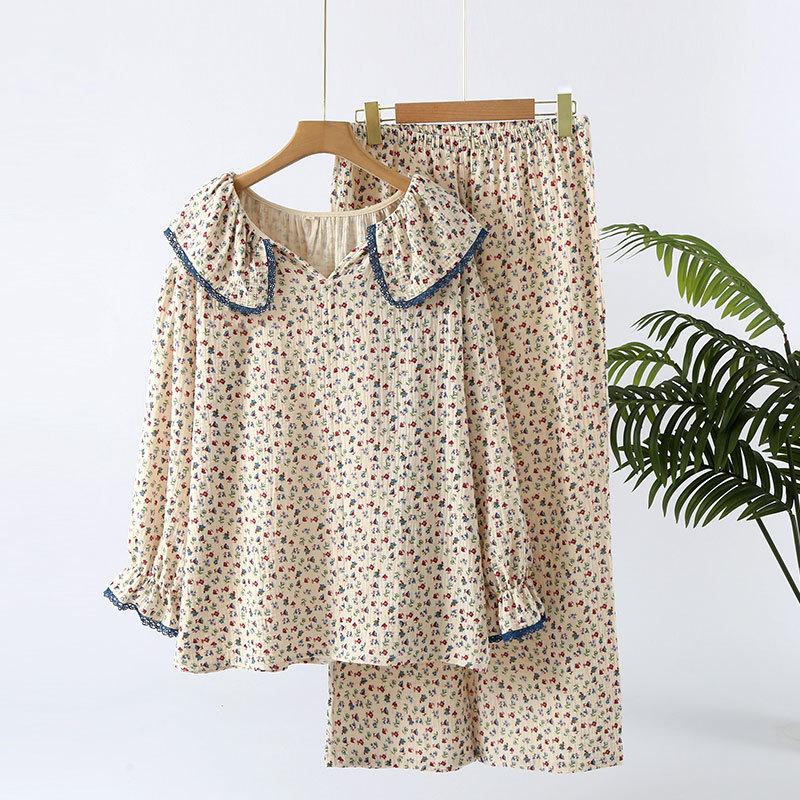 Pajamas women's Class A pure cotton double-layer cotton crepe Korean version, autumn new loose and comfortable loungewear set