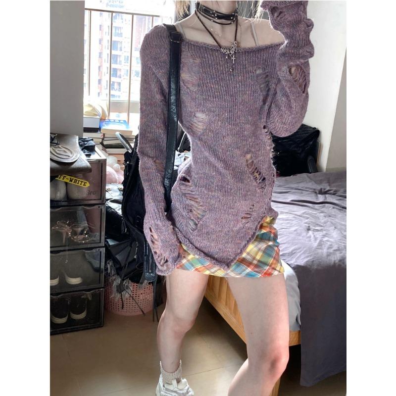 

Элегантная свободная женская солнцезащитная блузка на раннюю весну с длинными рукавами и отверстиями, закрывающими снаружи тонкий прозрачный трикотажный пуловер, длинный топ L фиолетовый