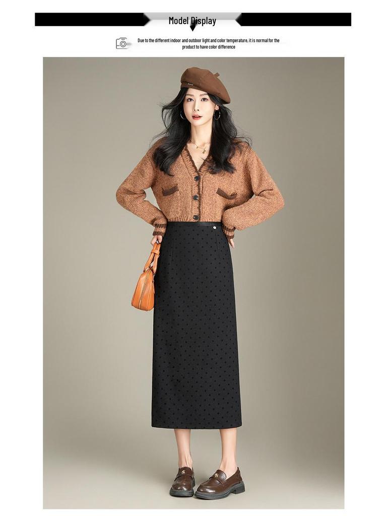 2025 Korean Grey Polka Dot Wool A-Line Skirt: Women's Autumn/Winter Straight Cut, Mid-Length with Back Slit
