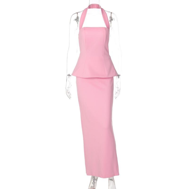 Solid Color Halter Backless Slim Fit Two Piece Tank Top Long Skirt Set For Women
