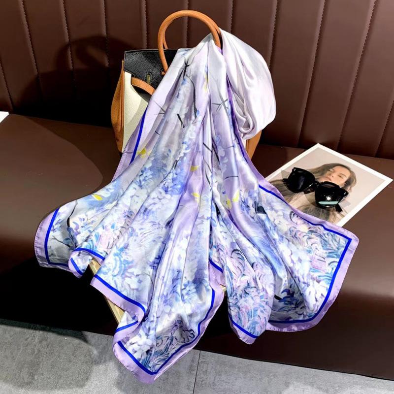 Spring and Summer Thin Silk Scarf High-end Printed Long Scarf New Satin Travel Sunscreen Scarf National Style Cloak