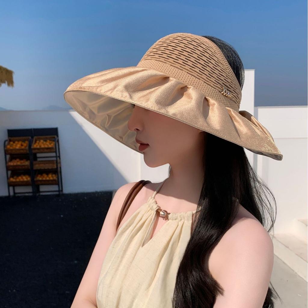 Summer Vinyl Anti-Ultraviolet Sunscreen Hat Women'S Versatile Big Brim Face Sunshade Foldable Open Ponytail Empty Top Hat