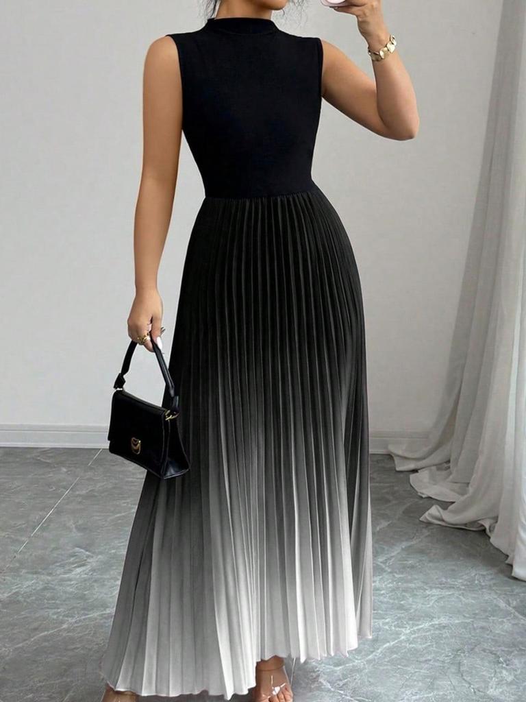 Women's Ombre Color Gradient Pleated Maxi Skirt
