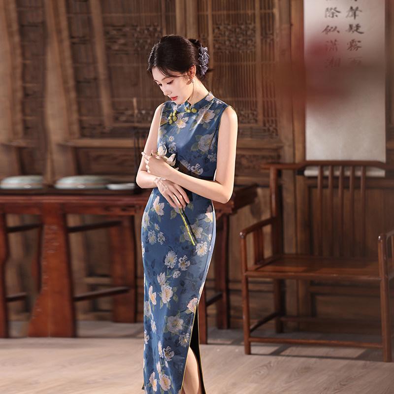 Blue sleeveless Chinese style new Chinese daily Suzhou long qipao, improved youth 1011 new style for women's sophistication