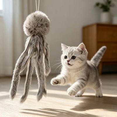 Fluffy Octopus Cat Toy, Faux Fur Octopus, Cat Wand Toy Replacement, Interactive Kitten Kicker Toy, Plush Enrichment Toy for Indoor Cats Stimulates