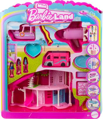 Barbie Mini Barbie Land Zestaw Dom Marzeń i Pojazd z 4 Mikro Lalkami Wiek 6 i JDB86 Lalki, Dom do Przebierania, Domek dla Lalek, Samolot, Kamper, Krążownik,