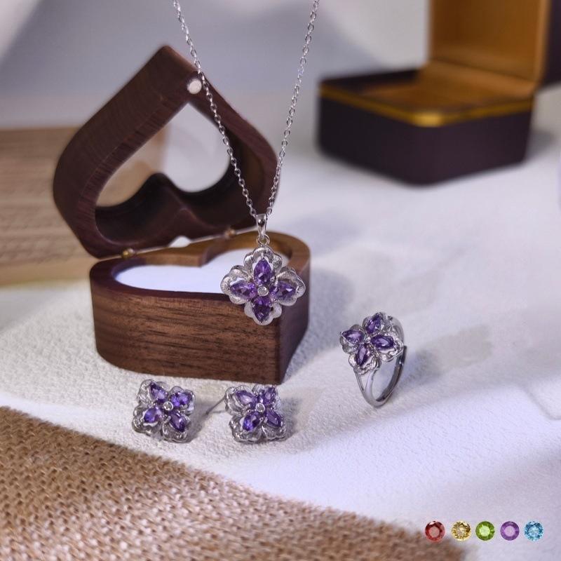 S925 pure silver clover jewelry with brushed craftsmanship, gemstone necklace, ring, earring, fashionable and luxurious women's gift, high-end jewelry