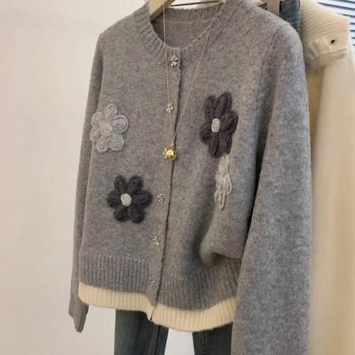 Φθινόπωρο Χειμώνας Μπλούζα Πλεκτή Ζακέτα με Στρογγυλή Λαιμόκοψη και Λουλούδια Γυναικεία Χαλαρή Καθημερινή Πουλόβερ Τοπ Πατςγουόρκ που Ταιριάζει με Όλα