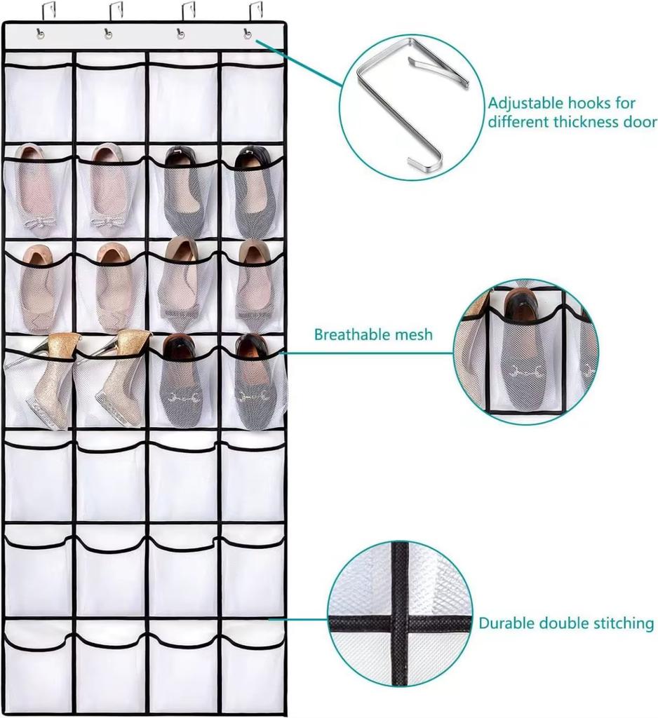 Hanging Shoe Rack Organizer Over The Door with 14/24/28 Large Mesh Pockets Transparent Fabric Storage Bag for Closet Bedroom 1pc