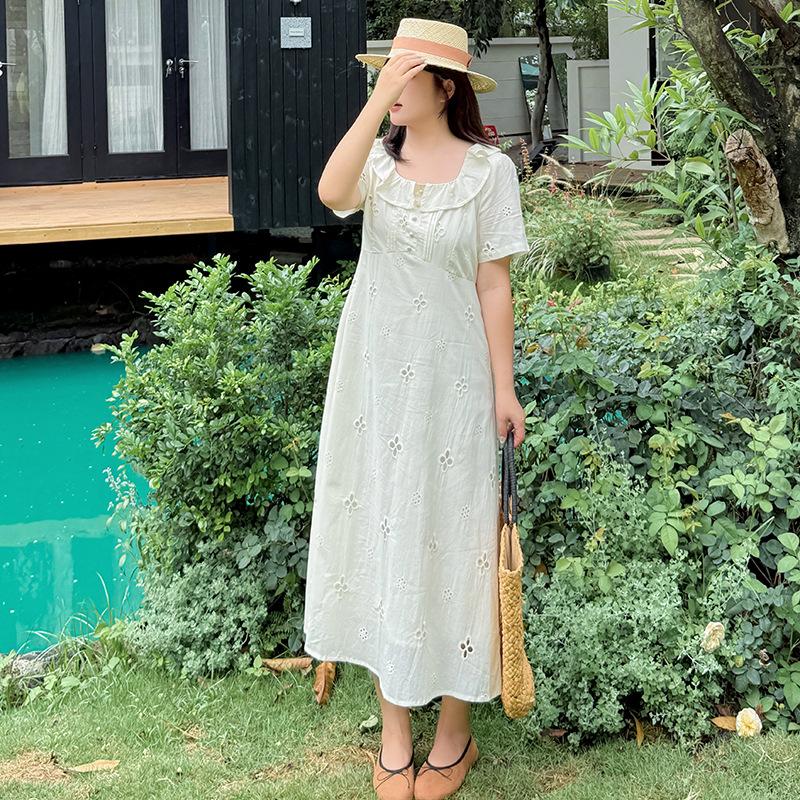 Large Size Dress Summer New Cream Hollow Small Flower Square Neck Ruffle Edge High Waist Medium and Long Dress 242445
