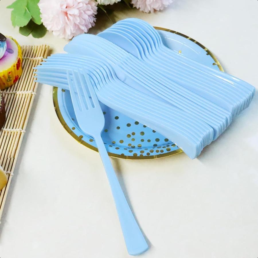150 Pack Blue Plastic Silverware Light Blue Plastic Utensils Heavy Duty 50 Forks 50 Knives 50 Spoons for Birthday Wedding Baby