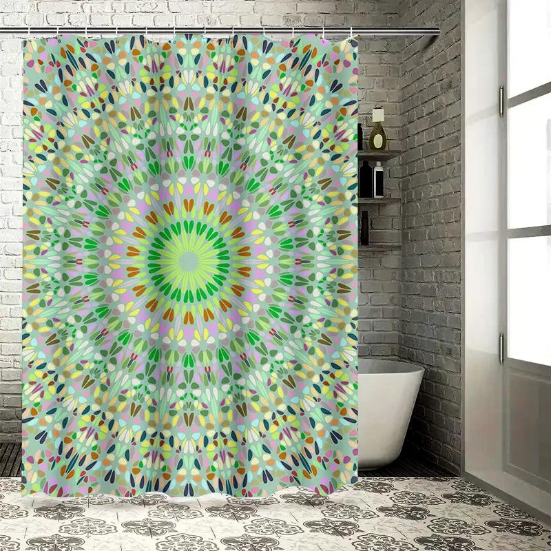 Colorful Mandala Shower CurtainAbstract Bathroom Decor with Green Floral Design Blue, Yellow Pink Geometric Print for Kids Bathr