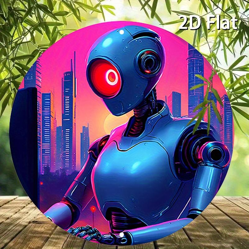 2D Flat 20*20cm1pc City Sunset scenery Blue Robot pattern Circular Hanging ornament, Futurist Urban Landscape Theme Wooden decoration, Application