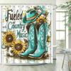 Vintage Americana Cowboy Shower Curtain - Turquoise Boots & Hat, Floral Embroidery, Sunflowers, Country Music Text, Polyester