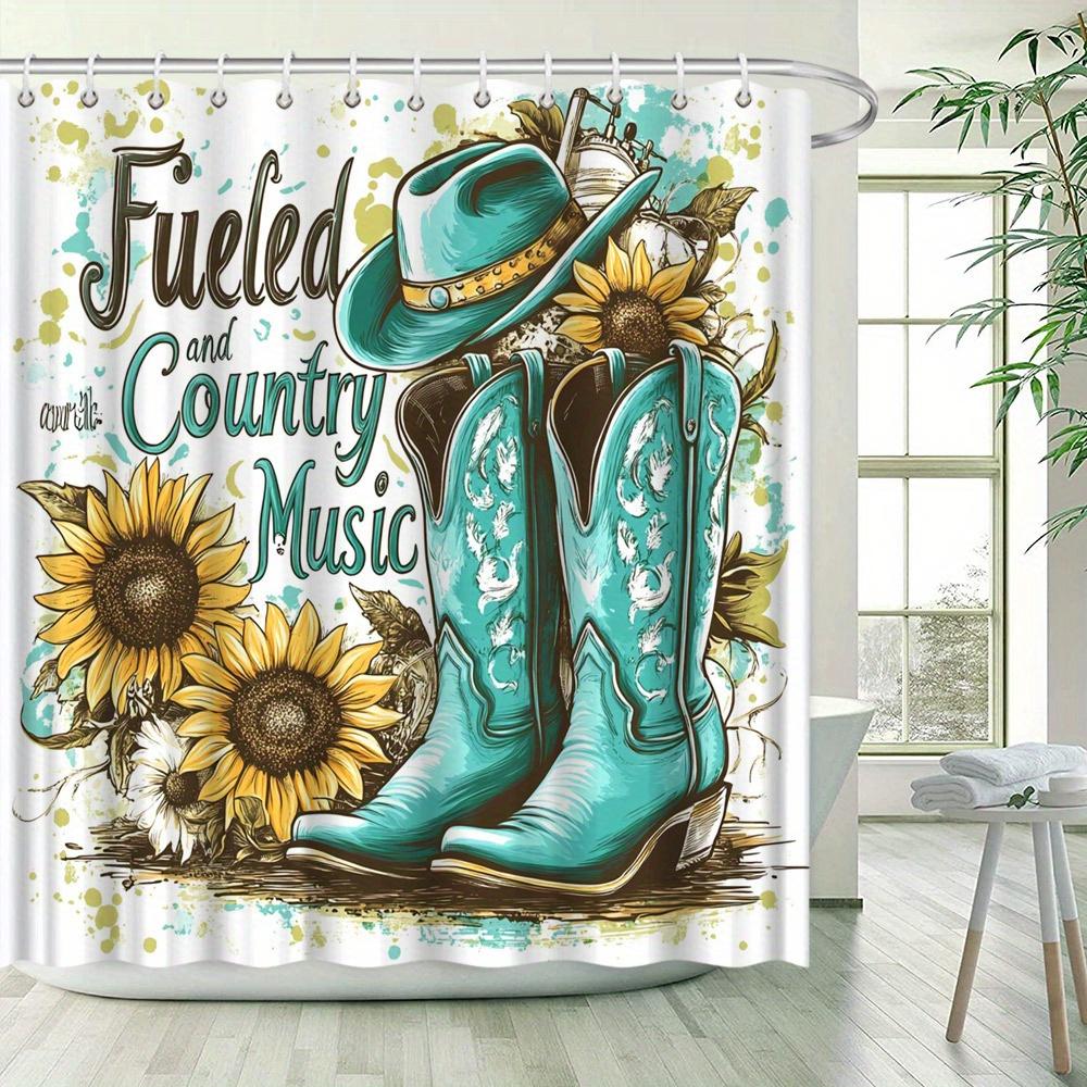 Vintage Americana Cowboy Shower Curtain - Turquoise Boots & Hat, Floral Embroidery, Sunflowers, Country Music Text, Polyester