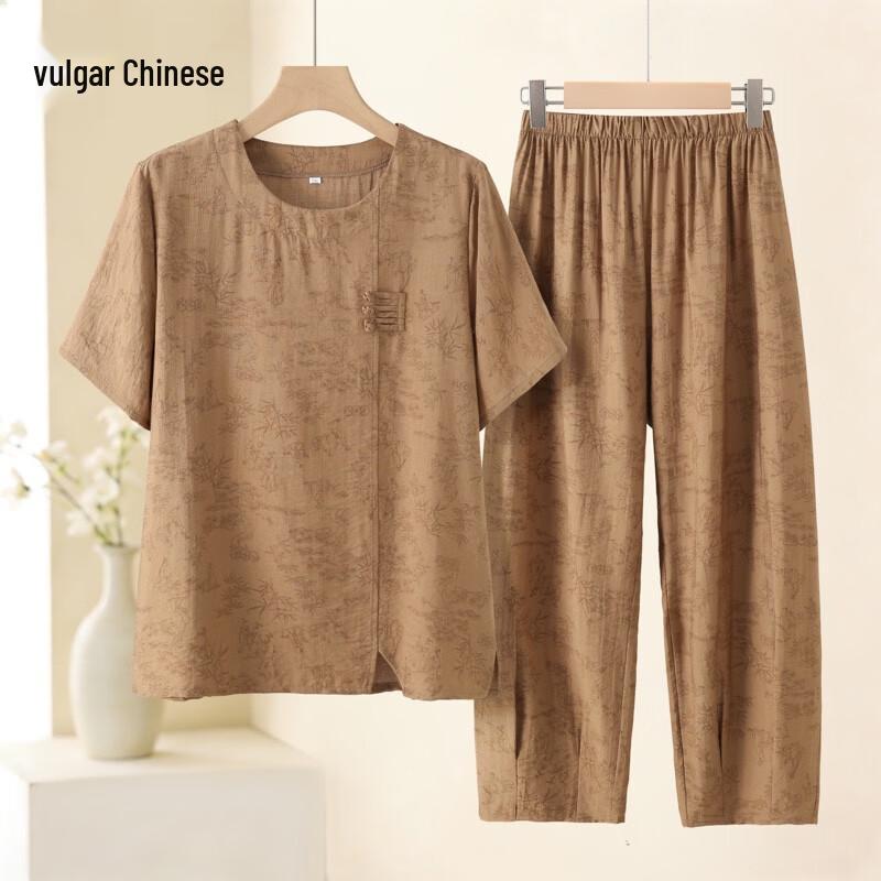 Elderly Women's Short Sleeve Cotton Linen Summer Two-Piece Set