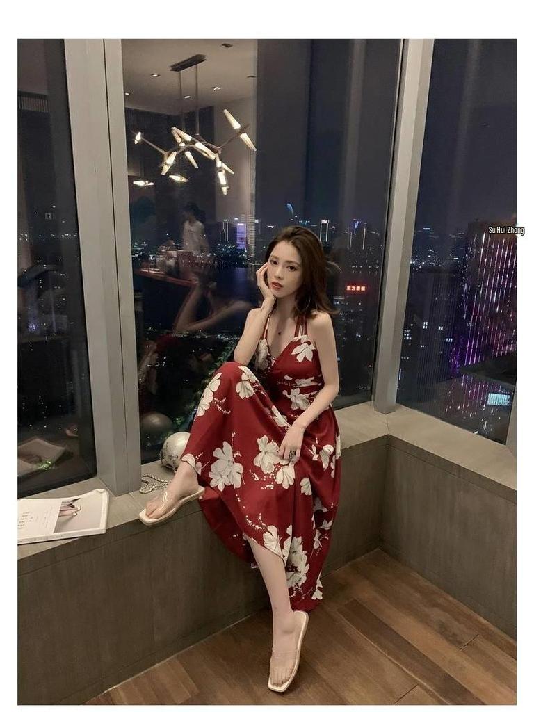 2020 Summer Korean Midi Backless Spaghetti Strap Beach Dress