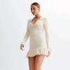 KOSY Ruffled Bow Knit Mini Dress Women's Backless Contrast Cardigan Lace-Up Elegant Dress Female Knitwear Bandage Dress