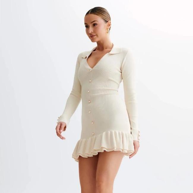 KOSY Ruffled Bow Knit Mini Dress Women's Backless Contrast Cardigan Lace-Up Elegant Dress Female Knitwear Bandage Dress
