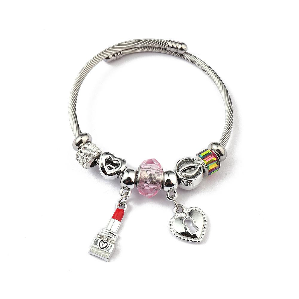Simple Fashion Stainless Steel Bracelet With Crystal Bead Pendant Unisex Jewelry