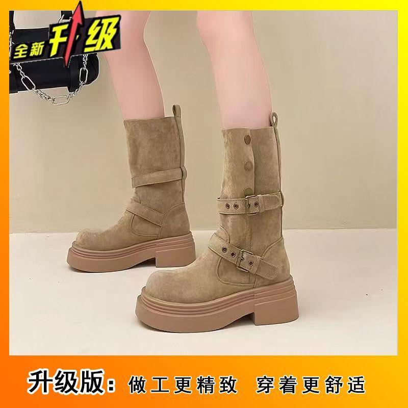 Internet Celebrity British Style Women's Medium Boots 2025 Autumn and Winter New Thin Comfortable Casual Flat Martin Boots Women