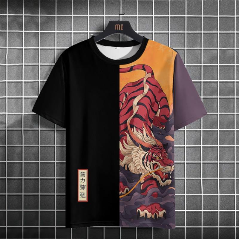 Cartoon Animal Men's T-Shirt Japanese Style Ukiyo-e Printing T-Shirts Casual Loose Short Sleeve Tees Oversized Men Clothing Tops