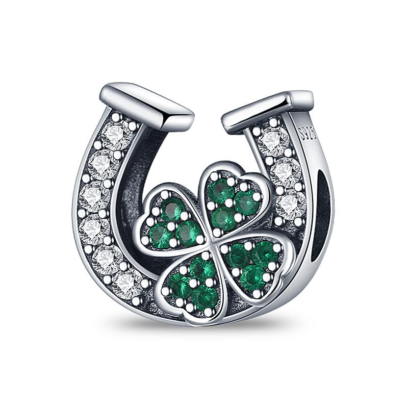 925 Silver Green St Patricks Clover Pendant DIY Charm Beads for Original Bangle Charms Bracelet Women Jewelry