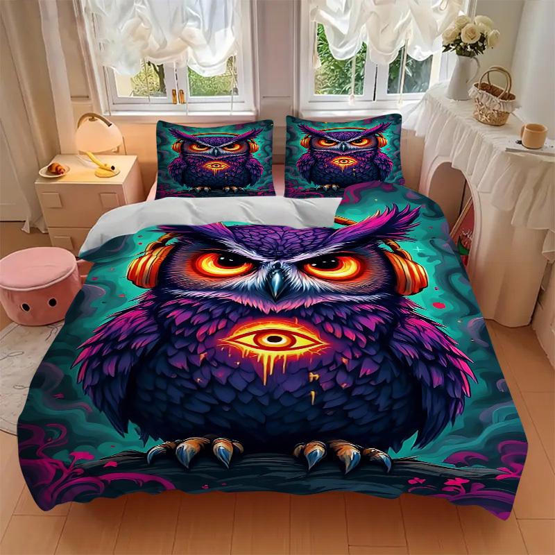 3pc Owl Cover Set - 1 Quilt Cover + 2 Pillowcases, All Seasons Bedroom Setting, Perfect for Home040