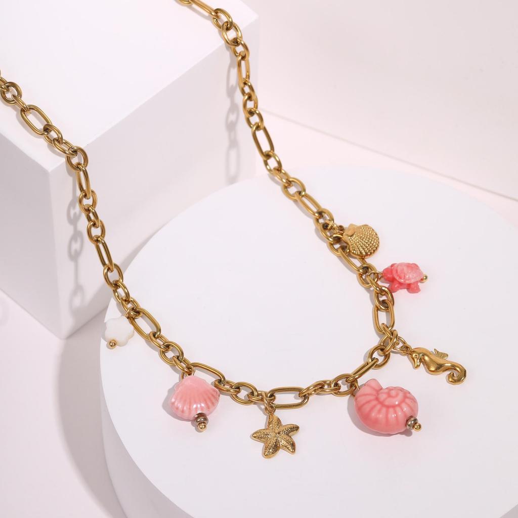 Starfish Flower Pendant Necklace with Pearl Shell on Stainless Steel Clavicle Chain