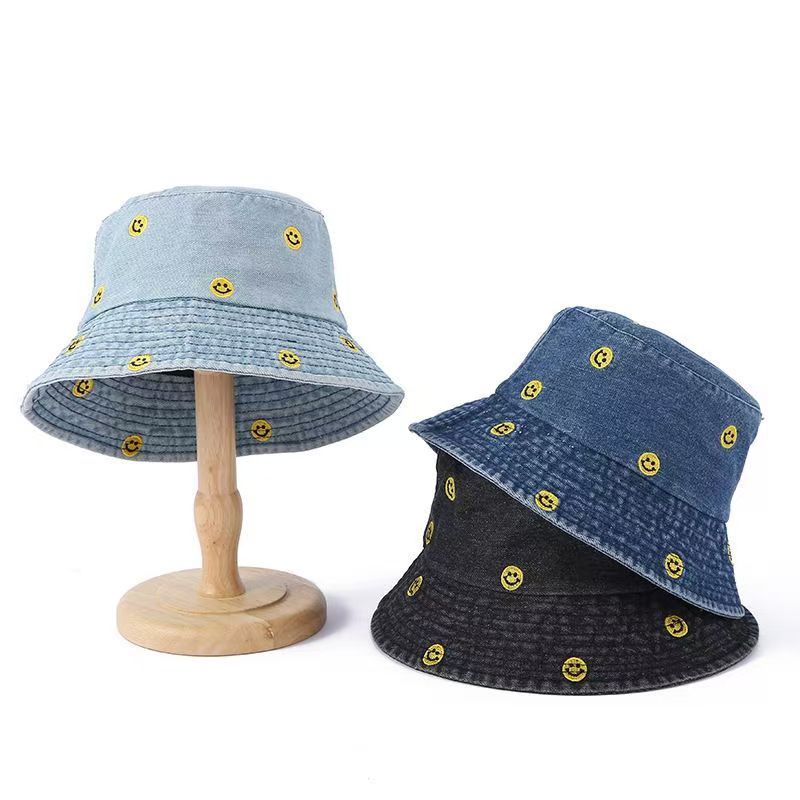Chic cute smiley denim bucket hat female summer versatile student travel sunshade sunscreen hat tide
