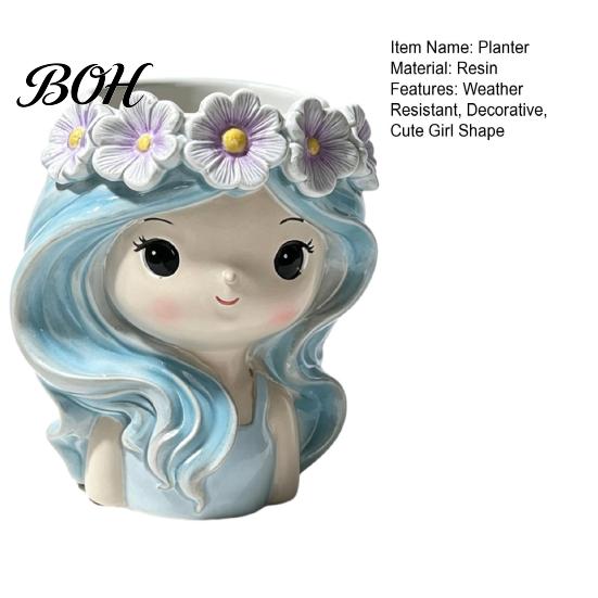 Cute Girl Planter for Indoor Plants Planter, Blue Hair Garland Head Decorative Plant Pot Bedroom Resin Succulents Cacti Creative Flower Container