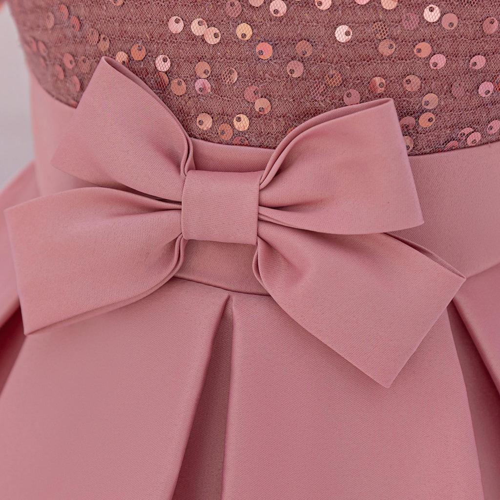 New European & American 1-Year-Old Girls' Bow Princess Dress with Puff Sleeves & Sequined Skirt