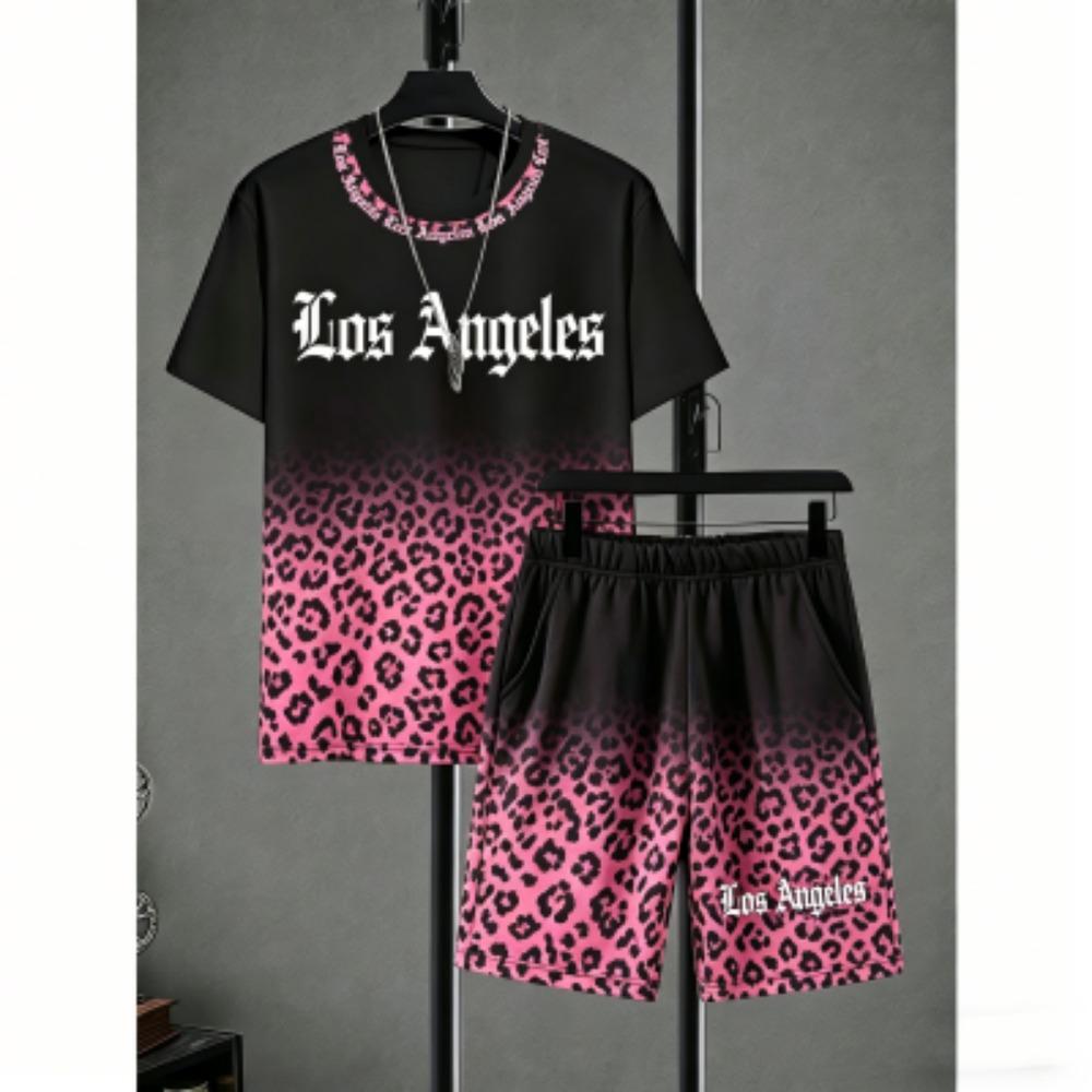 Men's Set Letter Leopard Printed Men's T-shirt and Shorts 2 Piece Set Summer Casual Outdoor Plus Size Men's and Women's T-shirt Sets