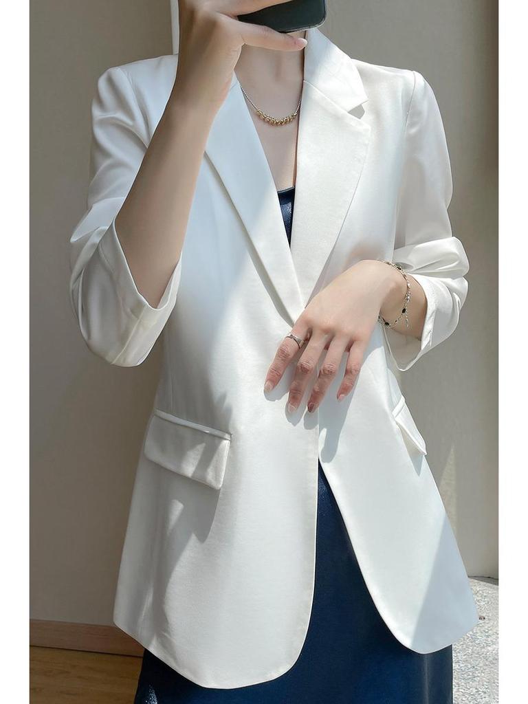 White Silk Satin Women's Suit Jacket - High-End Korean Style for Spring/Autumn 2025