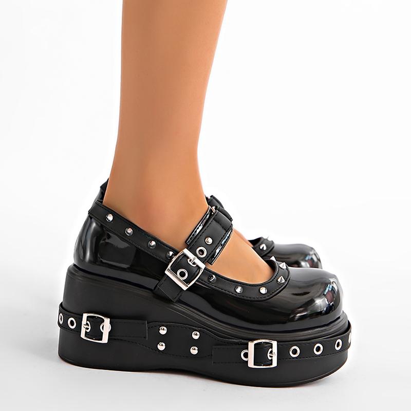 Fashion Punk Platform Mary Jane Shoe for Women Black Patent Leather Wedge Heel Loafers Woman Thick Sole Rivet Buckle Gothic Lolita Shoes
