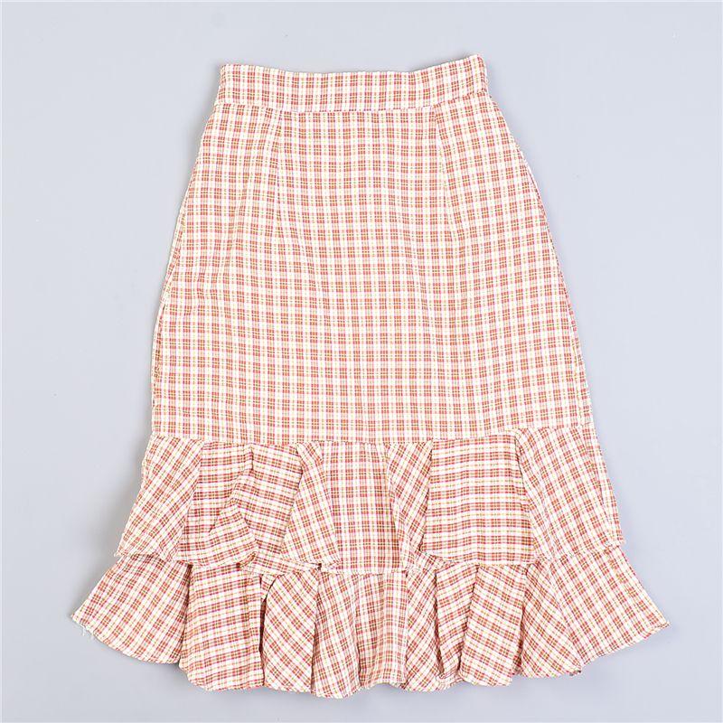 

Girls Sweet Plaid Skirt 7.23 L79608 High Waist Hip Lotus Leaf Mermaid Dress Spring/Summer Mid-Length Skirt 1 Pink S