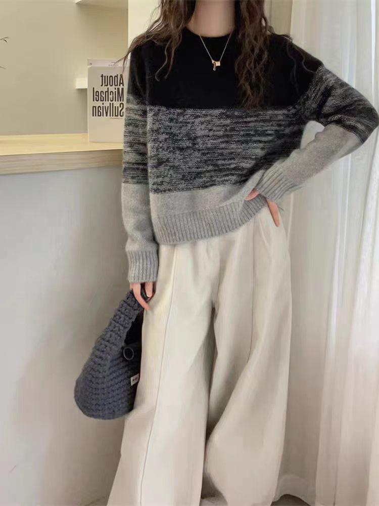 2026 Autumn/Winter Korean Style Color Block Retro Wool Sweater - Round Neck, Thick Knit, Loose Pullover Women's Top