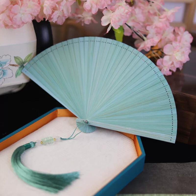 Fan Full Bamboo Folding Fan Carved Foldable Mini Fan Small Size Portable Chinese Style Chinese Ancient Style Dance Fan Green for Women