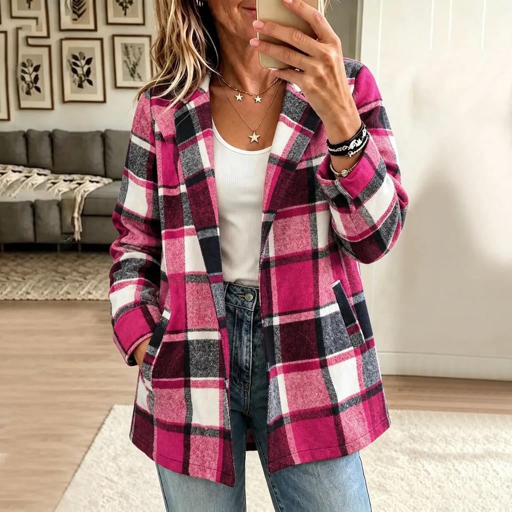 Damen Freizeit Karo Strickjacke Jacke mit Taschen, Langarm Umlegekragen Oberbekleidung
