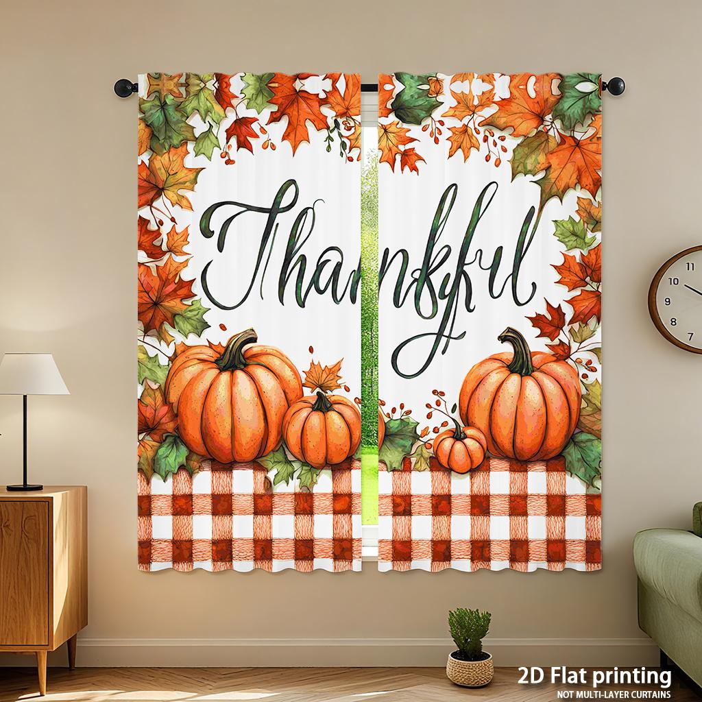 Stück Set Hochauflösende Digital Gedruckte VorhängeErntedankfest Aquarell Kürbisse Karierte Tischdecke HerbstblätterHeim Vorhänge Hergestellt Aus Polyester