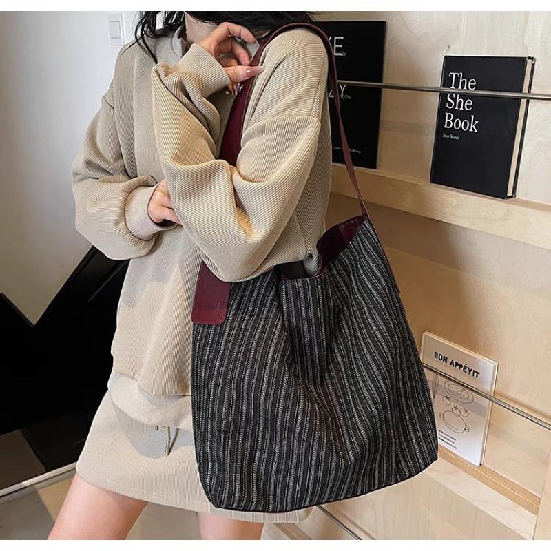Canvas Bag Women s Fashionable Striped Shoulder Large Capacity Casual Cross-body Tot Bucket 38x10x34