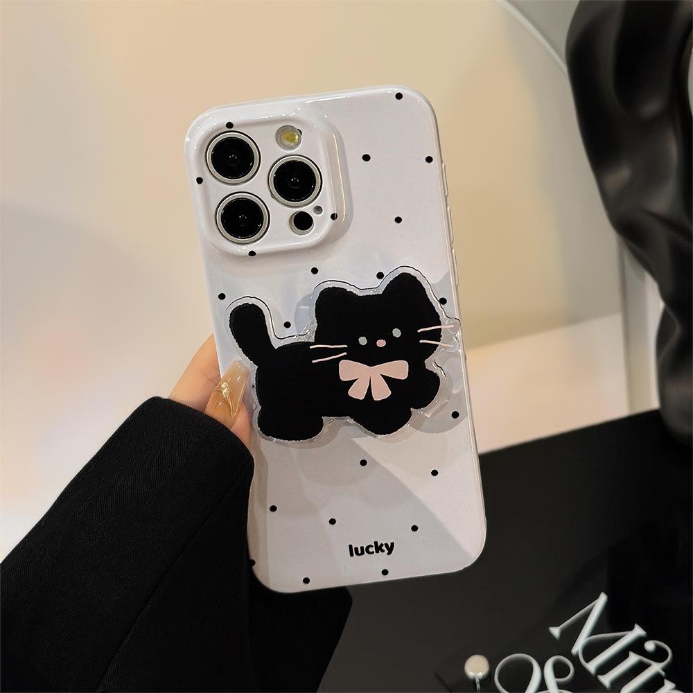 Korean Ins Wave Point Cat Stand for IPhone 16 Phone Case for Apple 15Pro Max Film 13 Soft 17
