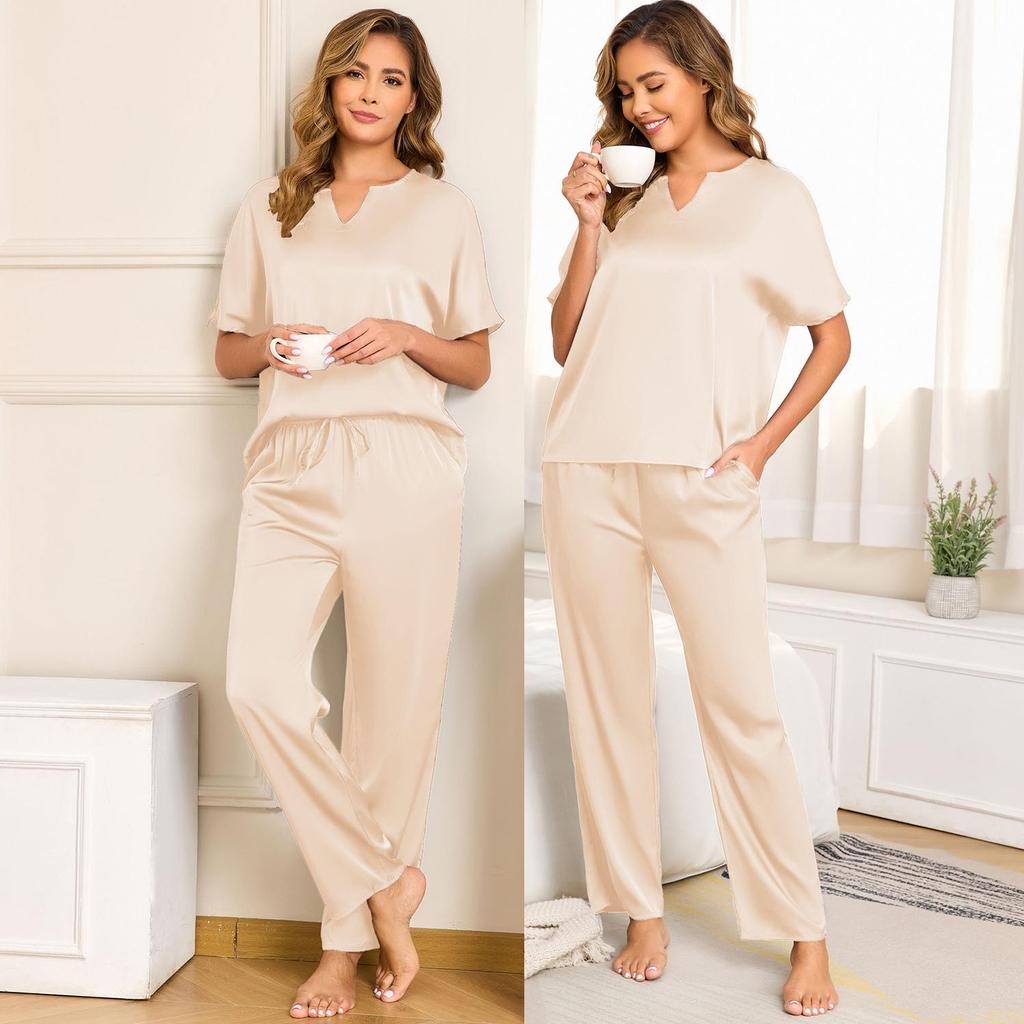 Damska piżama Imitacja jedwabiu 2 częściowe stroje do spania Krótki rękaw V-neck Koszulki Długie spodnie Luksusowy satynowy Wiosna Lato Nocne do spania do wypoczynku