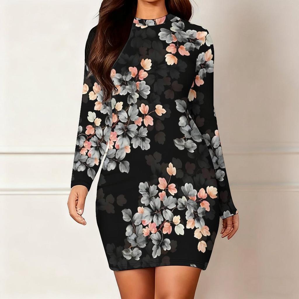 2025 Outono e Inverno Novo Estampa Floral 3D e Tingimento Moda Feminina Manga Longa Gola Redonda Vestido Envolvente de Quadril Dia dos Namorados Limitado