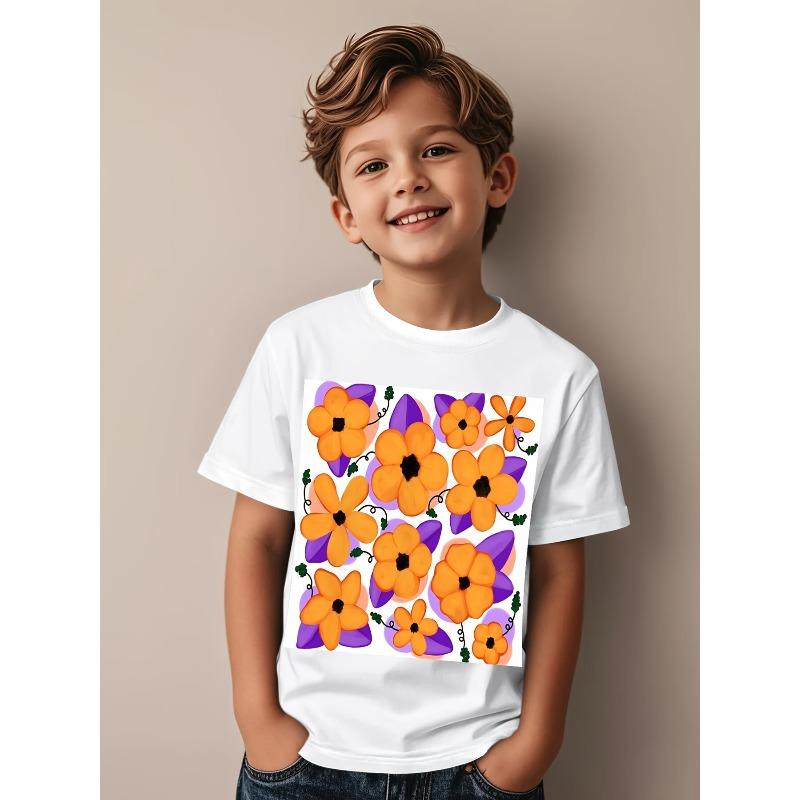 Boys Crew Neck Short Sleeve T-Shirt with Orange Floral Print 110