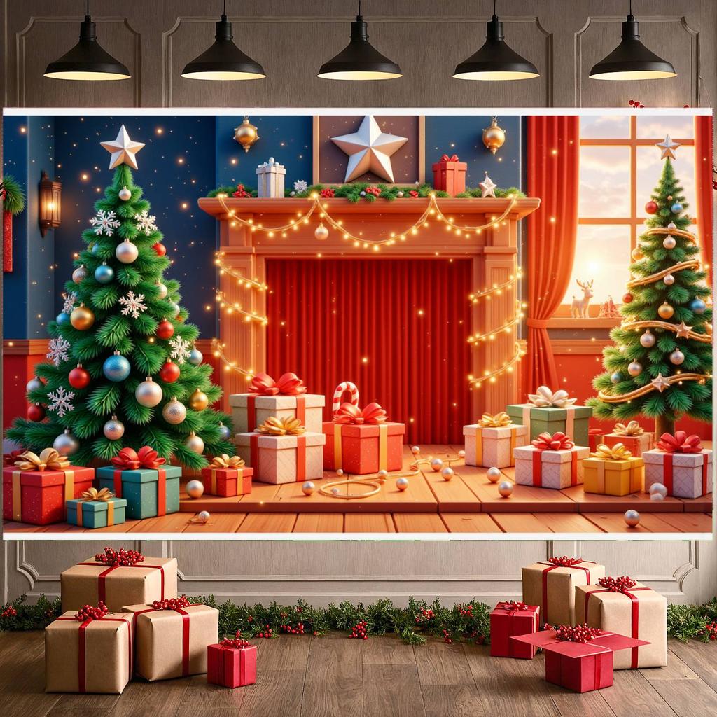 Xmas Event Banner Red Green Theme Winter Celebration Banner Christmas Fireplace Banner String Lights For New Year Party Xmas