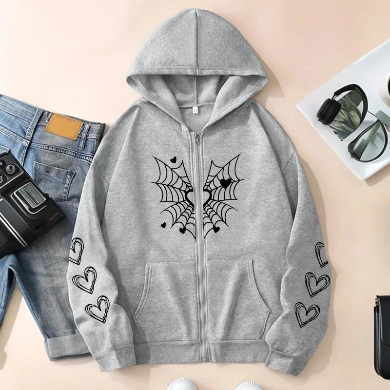 2026 Hot Sale Women's Hoodie Cute Spider Web Heart Print Zip-up Sweatshirt Fall Winter Female Urban Casual Fashion Hooded Jacket