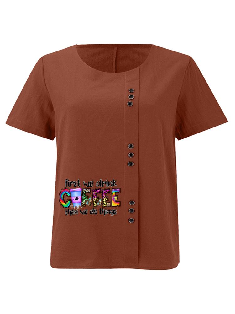 Women's Fashion Coffee Alphabet Print Printing Shot Sleeve T-shirt Loose Cotton Shirt Casual Loose Summer Plus Size Blouse Tops