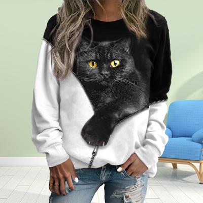 Fall Autumn Women'S Fashion O Neck Long Sleeve T-Shirt Loose  Clothes Aristocratic Cat Print  T Shirt for Girls Street