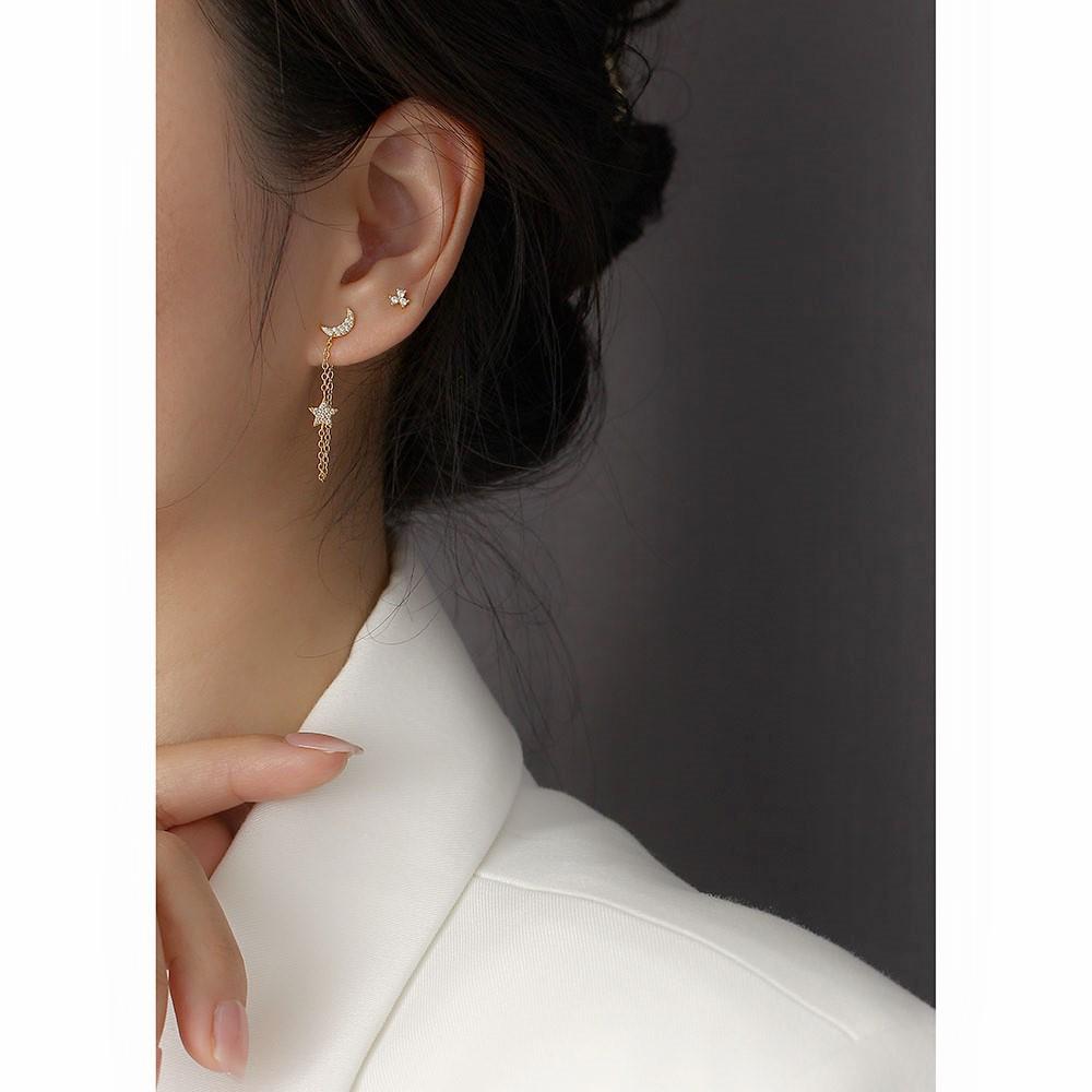 Fine Jewelry 925 Sterling Silver Tassel Chain Stud Earrings 18K Gold Plated Moon and Star hang Chain Earrings for Women